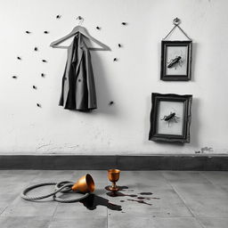 A minimalistic black and white scene depicting the wall of an old house, characterized by its weathered texture and peeling paint