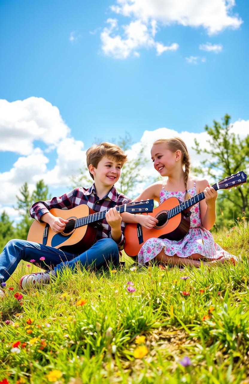 A boy and a girl sitting on a grassy hill, playing acoustic guitars together