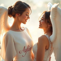 A beautiful woman engaged in a conversation with a stunning angel
