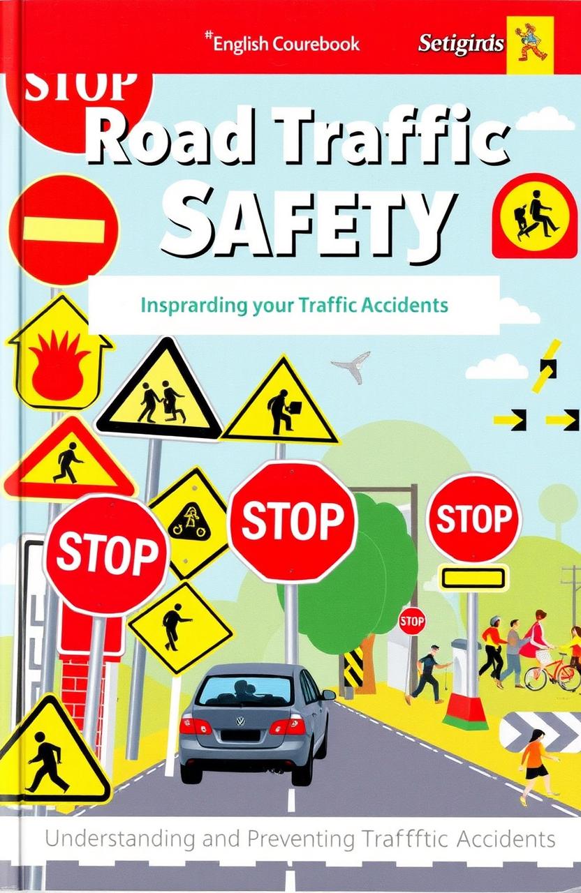 A vivid and informative English coursebook cover design focused on 'Road Traffic Safety'