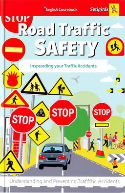 A vivid and informative English coursebook cover design focused on 'Road Traffic Safety'