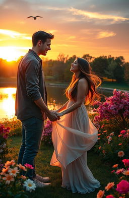 A romantic scene depicting a love story between a couple in a beautiful park during sunset