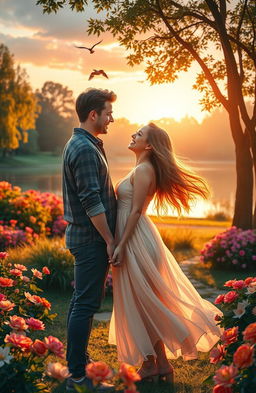 A romantic scene depicting a love story between a couple in a beautiful park during sunset