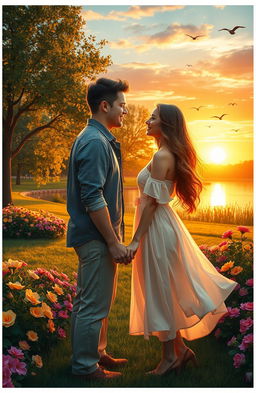 A romantic scene depicting a love story between a couple in a beautiful park during sunset