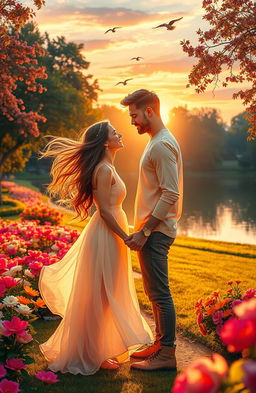 A romantic scene depicting a love story between a couple in a beautiful park during sunset