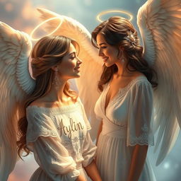 A beautiful woman engaging in a conversation with a stunning angel