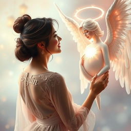 A beautiful woman engaging in a conversation with a stunning angel