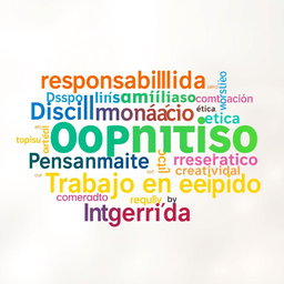 A visually engaging word cloud featuring the following words in diverse fonts and sizes: Responsabilidad, Disciplina, Compromiso, Organización, Motivación, Ética, Colaboración, Pensamiento crítico, Creatividad, Trabajo en equipo, Integridad