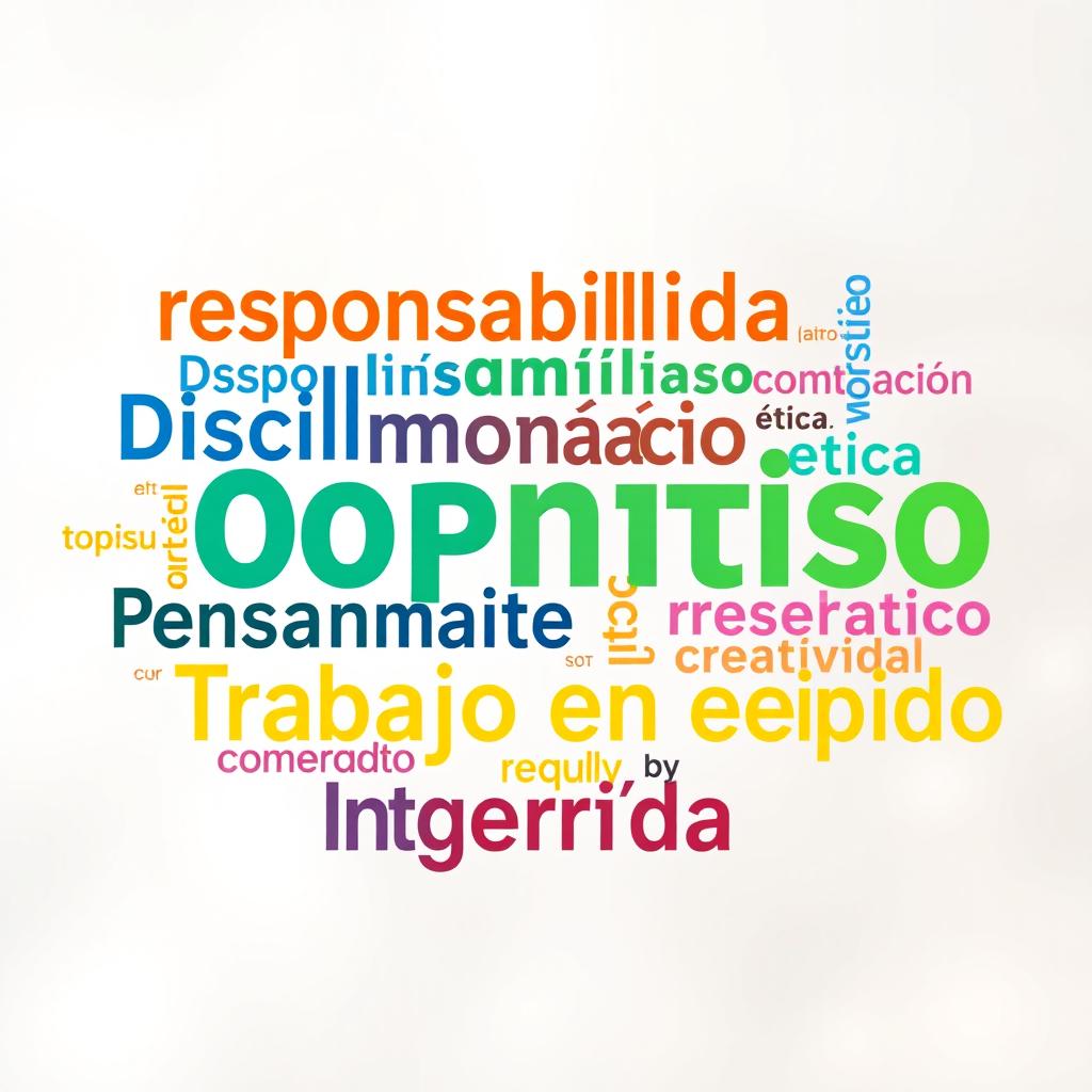 A visually engaging word cloud featuring the following words in diverse fonts and sizes: Responsabilidad, Disciplina, Compromiso, Organización, Motivación, Ética, Colaboración, Pensamiento crítico, Creatividad, Trabajo en equipo, Integridad