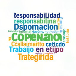 A visually engaging word cloud featuring the following words in diverse fonts and sizes: Responsabilidad, Disciplina, Compromiso, Organización, Motivación, Ética, Colaboración, Pensamiento crítico, Creatividad, Trabajo en equipo, Integridad