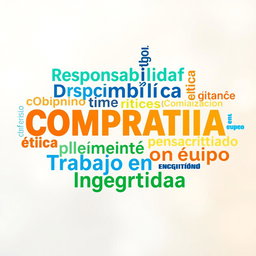 A visually engaging word cloud featuring the following words in diverse fonts and sizes: Responsabilidad, Disciplina, Compromiso, Organización, Motivación, Ética, Colaboración, Pensamiento crítico, Creatividad, Trabajo en equipo, Integridad
