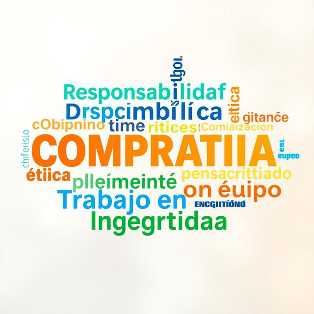 A visually engaging word cloud featuring the following words in diverse fonts and sizes: Responsabilidad, Disciplina, Compromiso, Organización, Motivación, Ética, Colaboración, Pensamiento crítico, Creatividad, Trabajo en equipo, Integridad