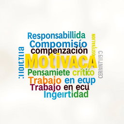 A visually engaging word cloud featuring the following words in diverse fonts and sizes: Responsabilidad, Disciplina, Compromiso, Organización, Motivación, Ética, Colaboración, Pensamiento crítico, Creatividad, Trabajo en equipo, Integridad