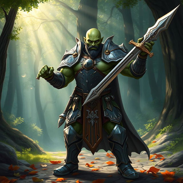 A bald half-orc paladin standing heroically in a lush forest, wielding a shining sword and adorned in intricately designed armor