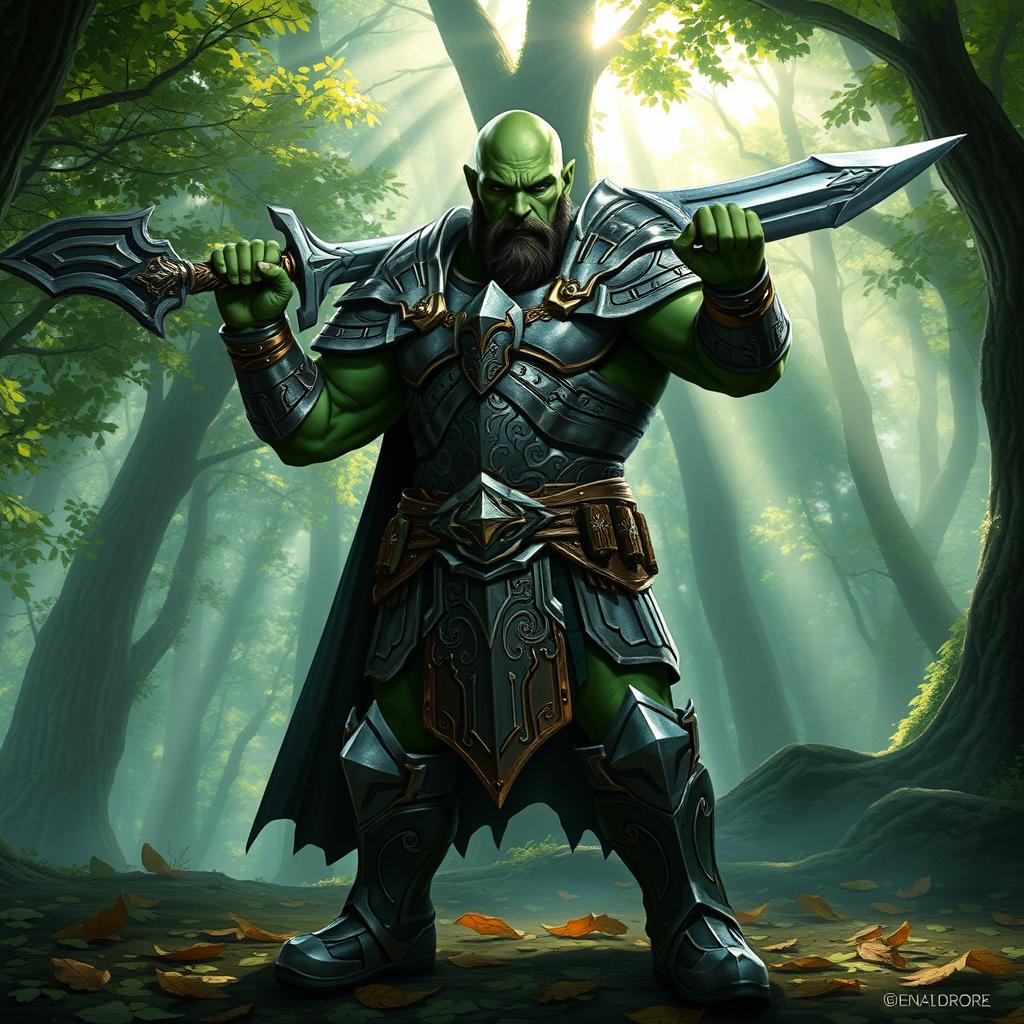 A bald half-orc paladin standing heroically in a lush forest, wielding a shining sword and adorned in intricately designed armor