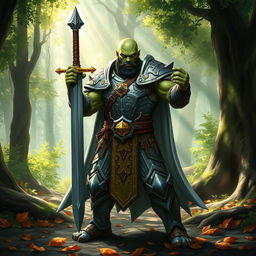 A bald half-orc paladin standing heroically in a lush forest, wielding a shining sword and adorned in intricately designed armor