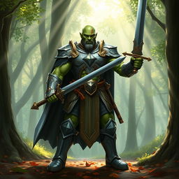 A bald half-orc paladin standing heroically in a lush forest, wielding a shining sword and adorned in intricately designed armor