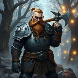 A valiant Dungeons and Dragons dwarf character, equipped with intricately designed armor featuring a heavy steel breastplate and ornate engravings depicting mountains and hammers
