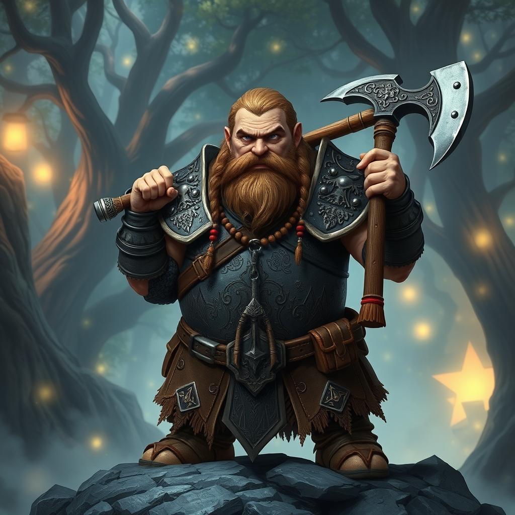 A valiant Dungeons and Dragons dwarf character, equipped with intricately designed armor featuring a heavy steel breastplate and ornate engravings depicting mountains and hammers