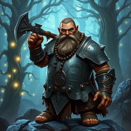A valiant Dungeons and Dragons dwarf character, equipped with intricately designed armor featuring a heavy steel breastplate and ornate engravings depicting mountains and hammers