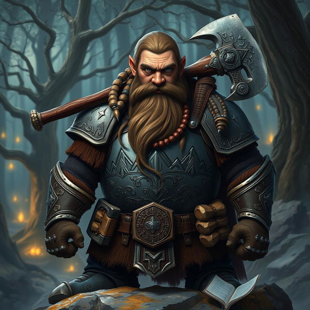 A valiant Dungeons and Dragons dwarf character, equipped with intricately designed armor featuring a heavy steel breastplate and ornate engravings depicting mountains and hammers