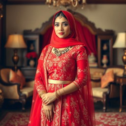 An Indonesian woman wearing a traditional red lehenga with intricate gold embroidery, styled modestly with a matching red hijab