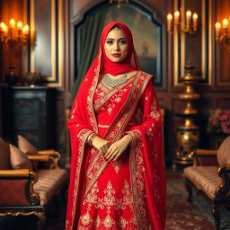 An Indonesian woman wearing a traditional red lehenga with intricate gold embroidery, styled modestly with a matching red hijab