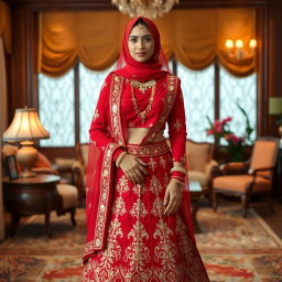 An Indonesian woman wearing a traditional red lehenga with intricate gold embroidery, styled modestly with a matching red hijab