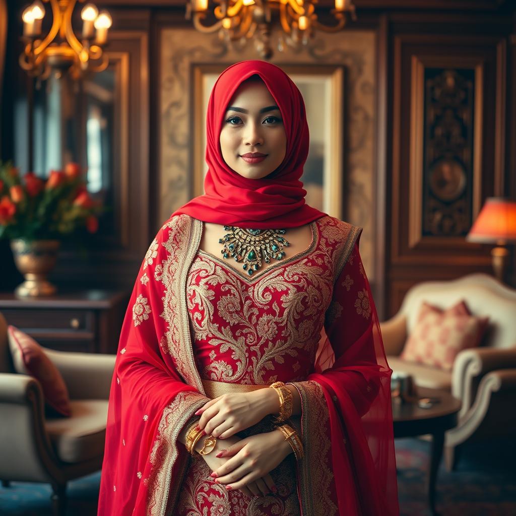 An Indonesian woman wearing a traditional red lehenga with intricate gold embroidery, styled modestly with a matching red hijab