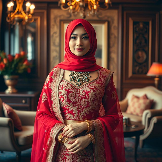 An Indonesian woman wearing a traditional red lehenga with intricate gold embroidery, styled modestly with a matching red hijab