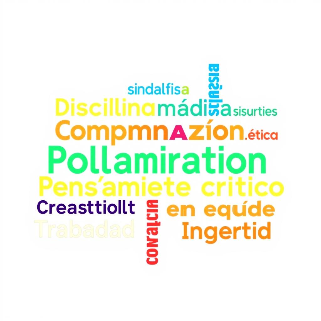 A colorful and vibrant word cloud featuring the following concepts: Responsabilidad, Disciplina, Compromiso, Organización, Motivación, Ética, Colaboración, Pensamiento crítico, Creatividad, Trabajo en equipo, and Integridad