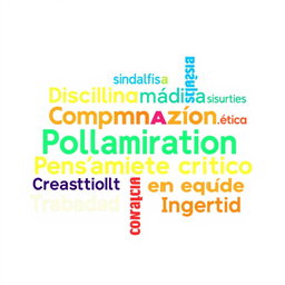 A colorful and vibrant word cloud featuring the following concepts: Responsabilidad, Disciplina, Compromiso, Organización, Motivación, Ética, Colaboración, Pensamiento crítico, Creatividad, Trabajo en equipo, and Integridad