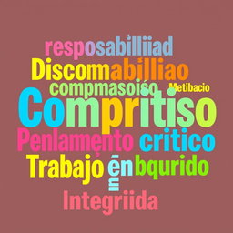 A colorful and vibrant word cloud featuring the following concepts: Responsabilidad, Disciplina, Compromiso, Organización, Motivación, Ética, Colaboración, Pensamiento crítico, Creatividad, Trabajo en equipo, and Integridad