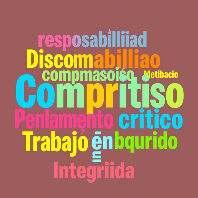 A colorful and vibrant word cloud featuring the following concepts: Responsabilidad, Disciplina, Compromiso, Organización, Motivación, Ética, Colaboración, Pensamiento crítico, Creatividad, Trabajo en equipo, and Integridad