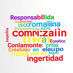 A colorful and vibrant word cloud featuring the following concepts: Responsabilidad, Disciplina, Compromiso, Organización, Motivación, Ética, Colaboración, Pensamiento crítico, Creatividad, Trabajo en equipo, and Integridad