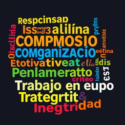 A colorful and vibrant word cloud featuring the following concepts: Responsabilidad, Disciplina, Compromiso, Organización, Motivación, Ética, Colaboración, Pensamiento crítico, Creatividad, Trabajo en equipo, and Integridad