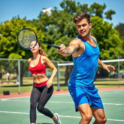 A dynamic scene of two athletic individuals, a man and a woman, engaged in an energetic badminton match on an outdoor court
