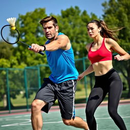 A dynamic scene of two athletic individuals, a man and a woman, engaged in an energetic badminton match on an outdoor court