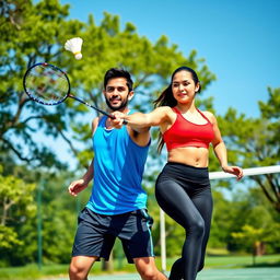 A dynamic scene of two athletic individuals, a man and a woman, engaged in an energetic badminton match on an outdoor court