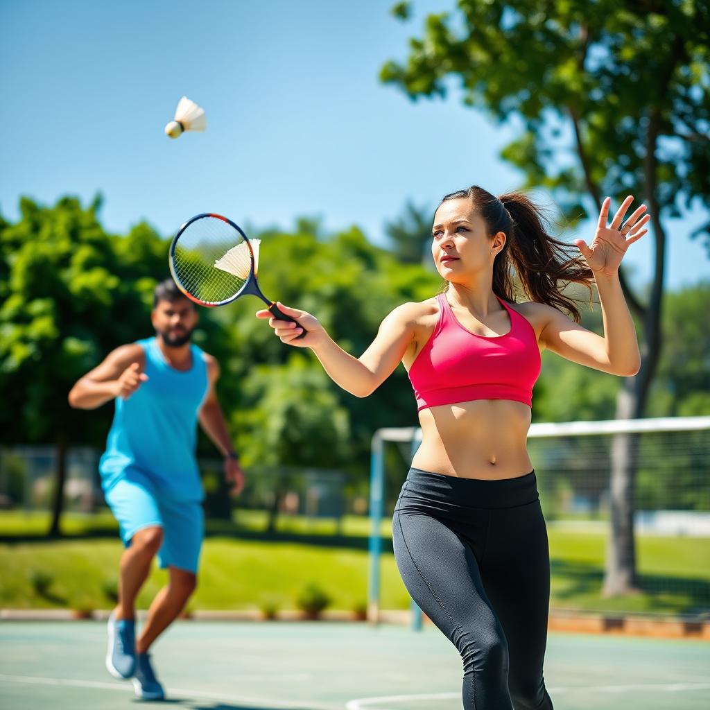 A dynamic scene of two athletic individuals, a man and a woman, engaged in an energetic badminton match on an outdoor court