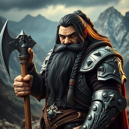 A sturdy dwarf with long black hair, wearing ornate silver armor, standing confidently with a battle axe in hand