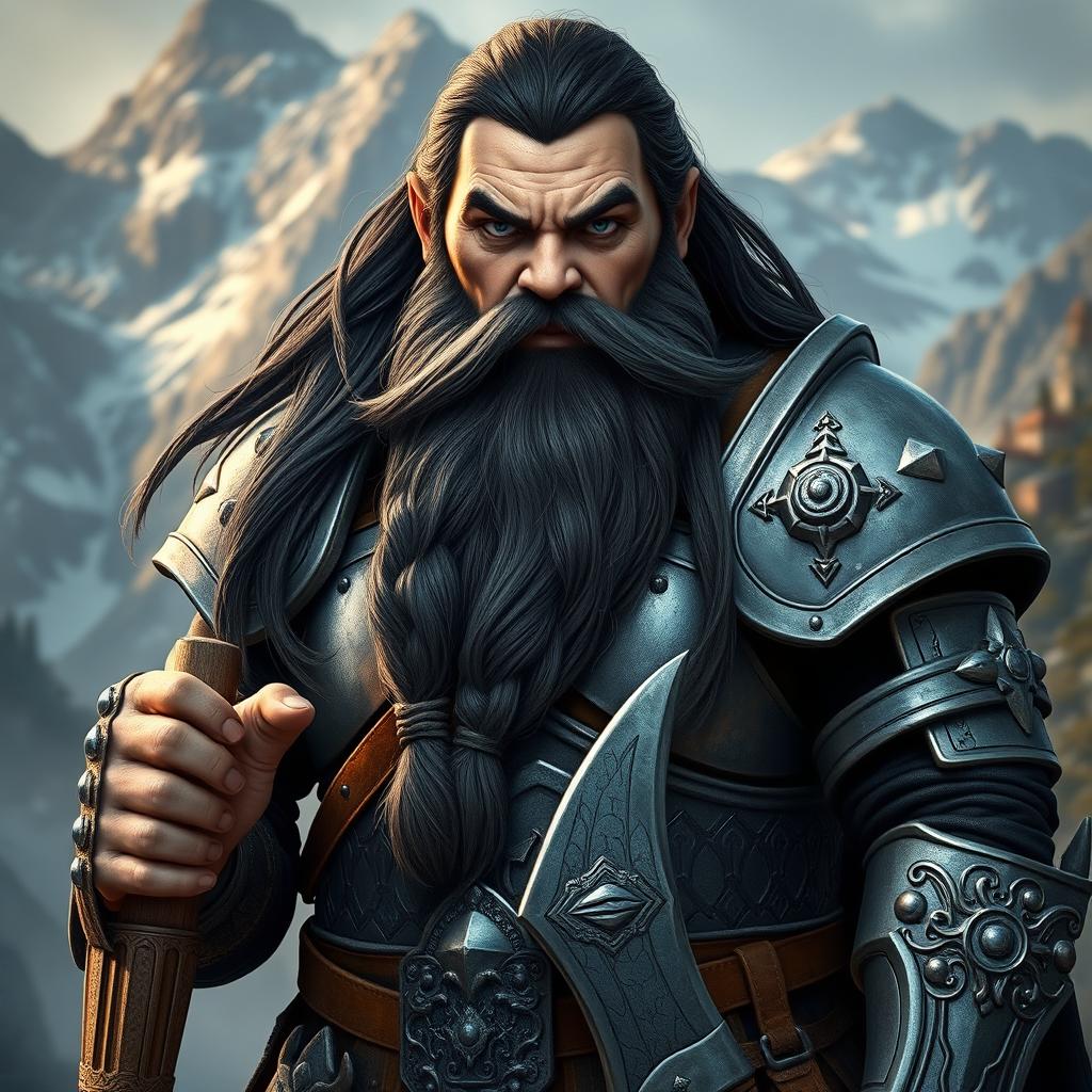 A sturdy dwarf with long black hair, wearing ornate silver armor, standing confidently with a battle axe in hand