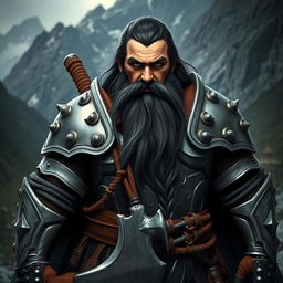 A sturdy dwarf with long black hair, wearing ornate silver armor, standing confidently with a battle axe in hand