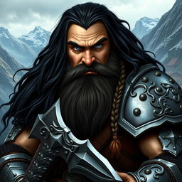 A sturdy dwarf with long black hair, wearing ornate silver armor, standing confidently with a battle axe in hand