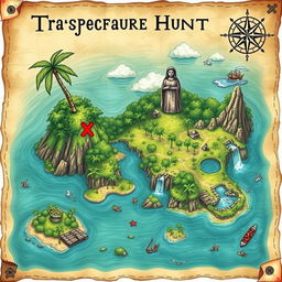 A beautifully illustrated treasure hunt map depicting a mysterious island