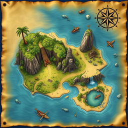 A beautifully illustrated treasure hunt map depicting a mysterious island