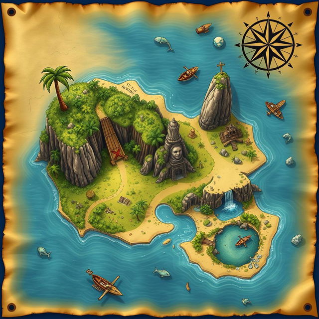 A beautifully illustrated treasure hunt map depicting a mysterious island
