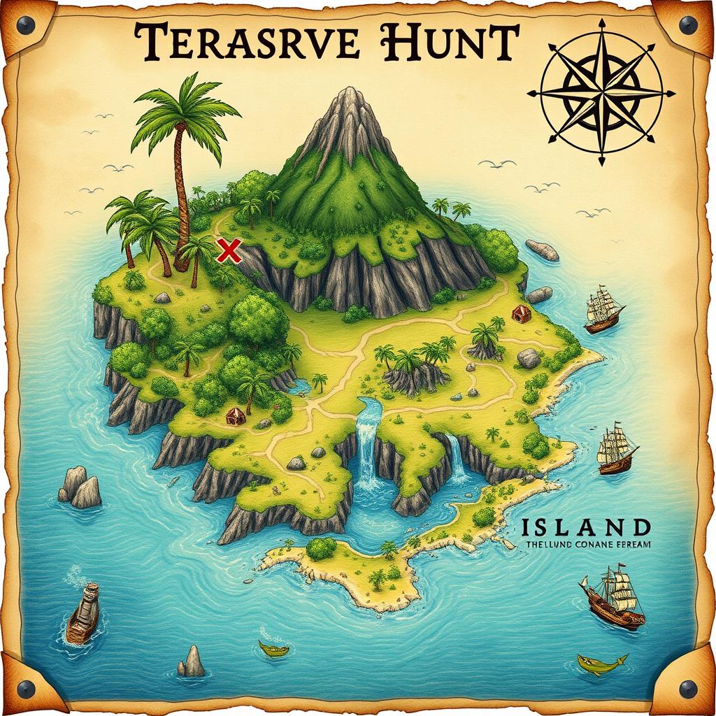 A beautifully illustrated treasure hunt map depicting a mysterious island