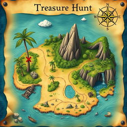 A beautifully illustrated treasure hunt map depicting a mysterious island