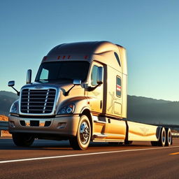 A stretched Freightliner Cascadia, showcasing a modified long-body truck with a sleek design, featuring an elongated chassis and a polished metallic finish